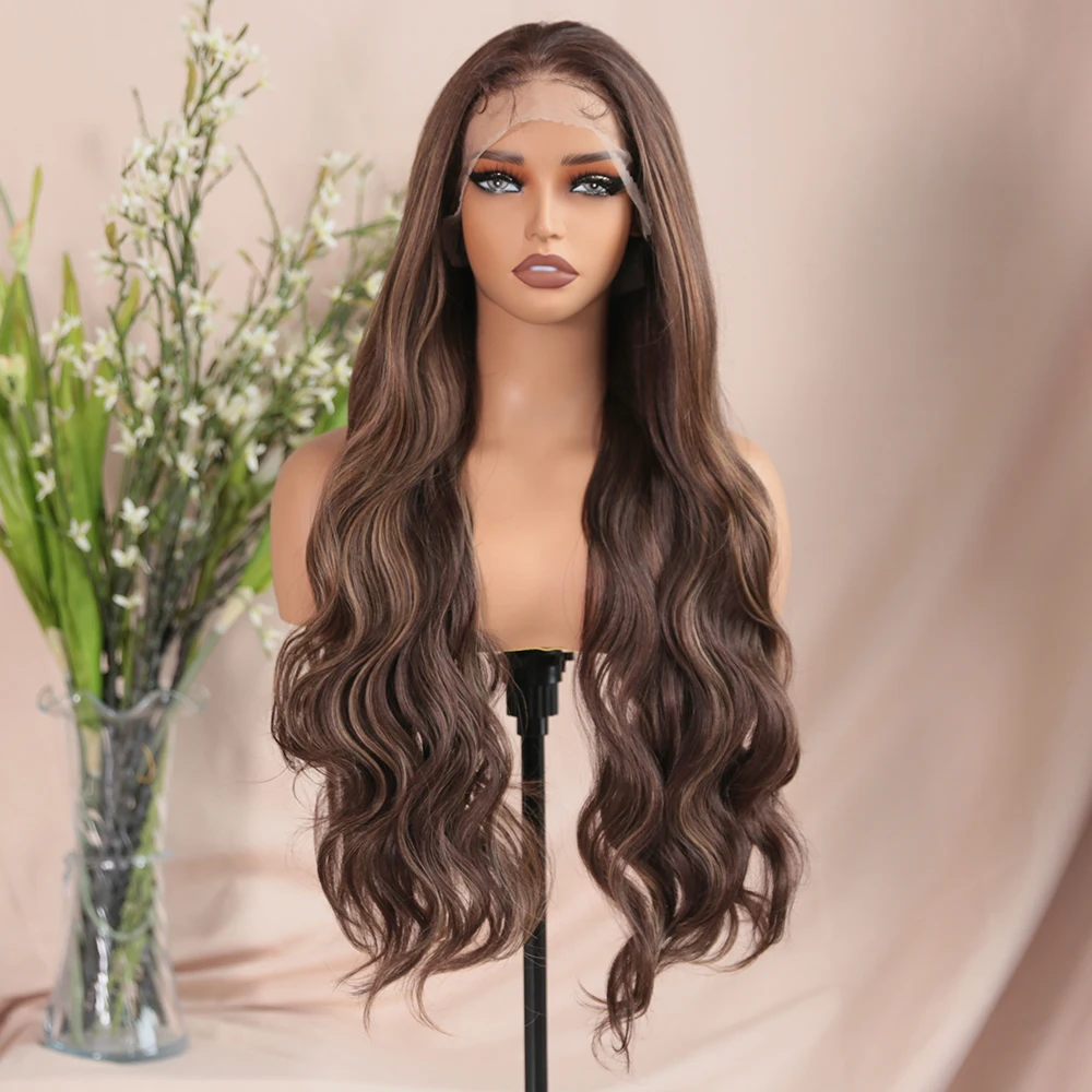 13x6 Lace Synthetic Loose Wave Wigs Ombre Brown Wig for Women 28 Inch Pre Plucked with Baby Hair Glueless IPARTY Daily Wearing