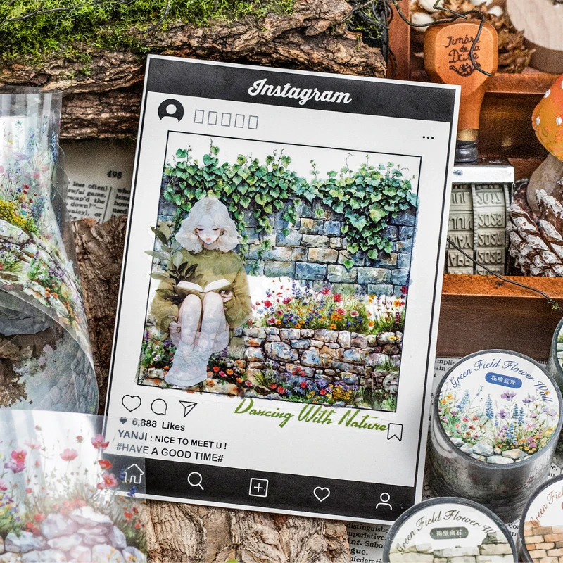 2 Roll PET Tape Green Field Flower Wall Series Sealing Stickers Album Diary Decoration Phone Case Sticker Notebook Accessories