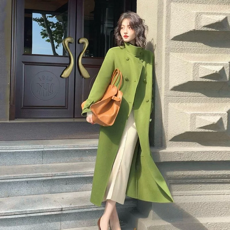 2024 Autumn Winter New Fashion Hepburn Style Mid length Women\'s High end Temperament Pink Green Loose Korean Edition Woolen Coat