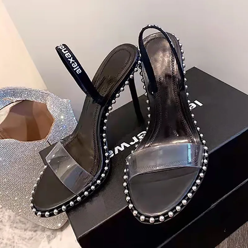 High Heel Sandals 2023 European and American Sexy Rhinester Fine Heel Transparent Leather Sexy One Line with Flip-flops