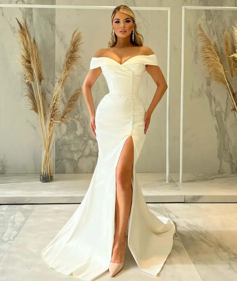 Sumnus Off the Shoulder Mermaid Wedding Dress V-neck Satin Side Slit Wedding Party Gowns Vestidos de Novia Sexy Bride Dresses