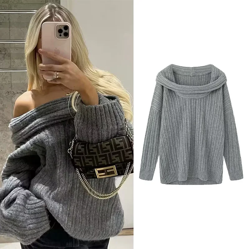 HipSeam Women's Knit Top New 2026 Autumn Casual Lazy Style off-the-shoulder Long Sleeve  Female Pullover Lady Chic Sweater