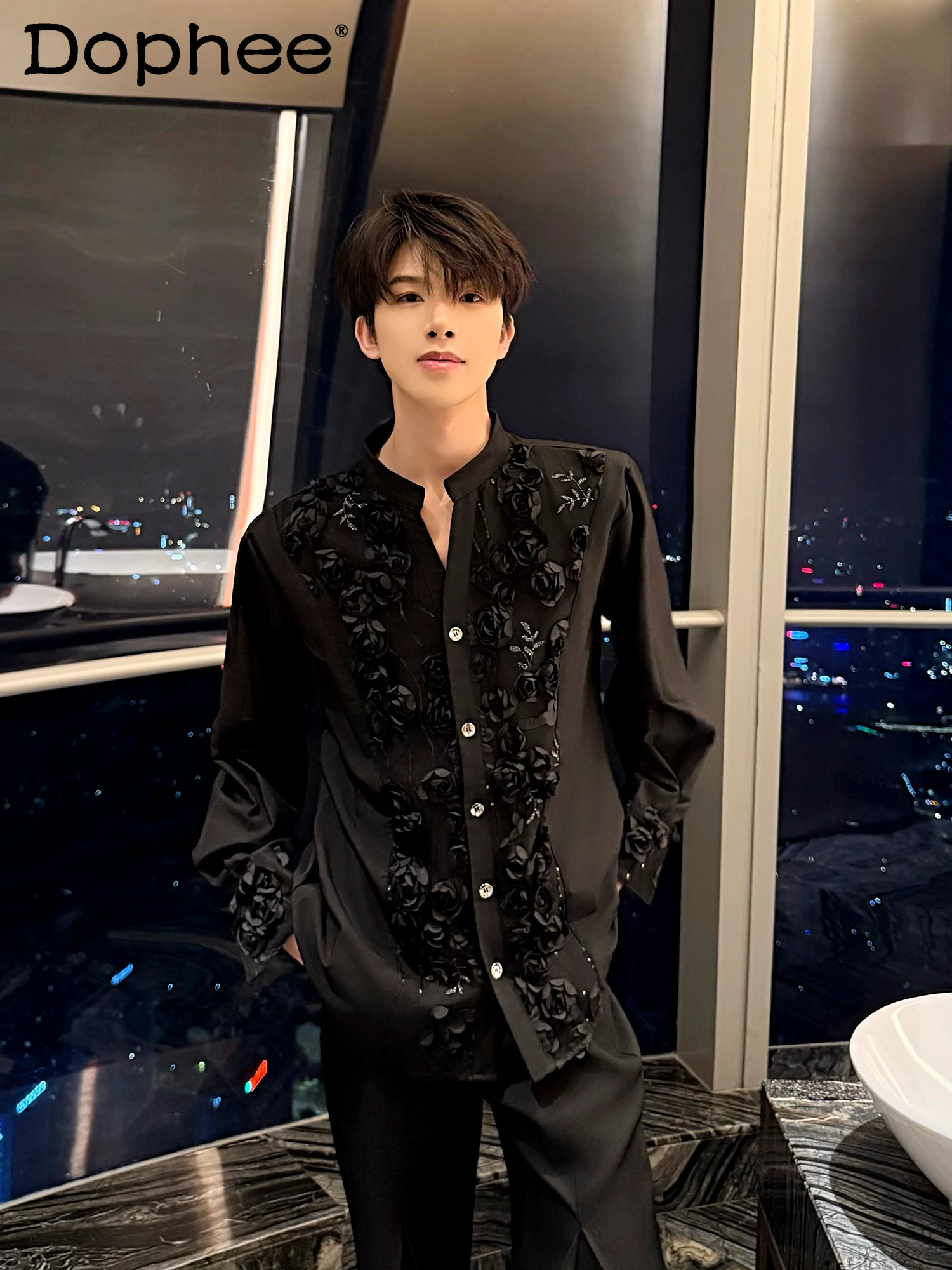 

2025 New Heavy Industry Embroidery Design Sense Black Long-sleeved Shirt Men's Trend Handsome Loose Casual Shirt