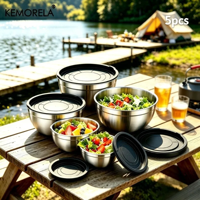 5PCS Mixing Bowls with Airtight Lids, Stainless Steel Mixing Bowl Set, Non-Slip Bottoms, Black Kitchen Bowls, Baking & Serving