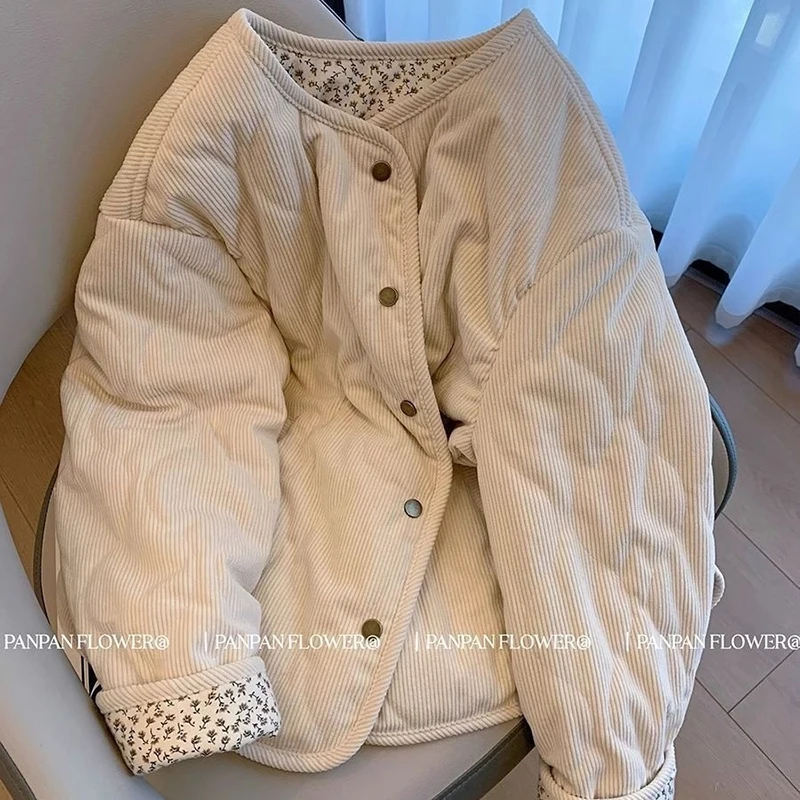 Warm Pink Women Corduroy Jacket Collarless Snap Button Padded Coat Floral Lining Thick Winter Outerwear Top