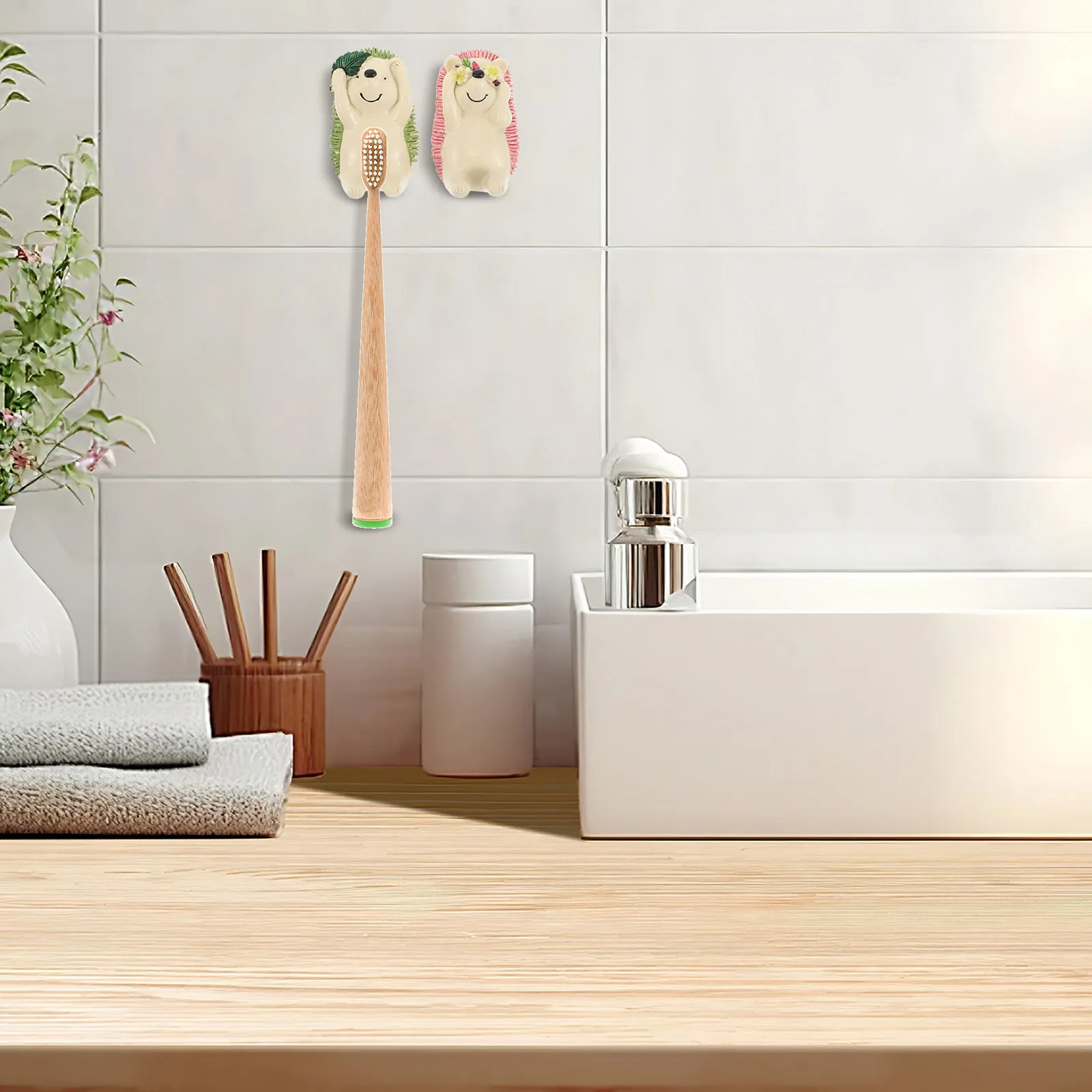 

2Pcs Couple Toothbrush Holder Wall Mounted Resin ganizer Kids Bathroom Shower Rack Cartoon Hedgehog Strong Adhesion Storage Hook