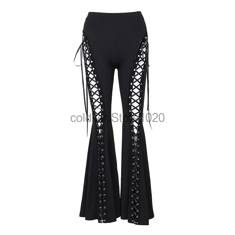 سراويل نسائية سوداء مثيرة متوهجة على الطراز القوطي بأربطة من الأمام مفرغة من الجرس سراويل طويلة T2K ملابس خروج للنساء