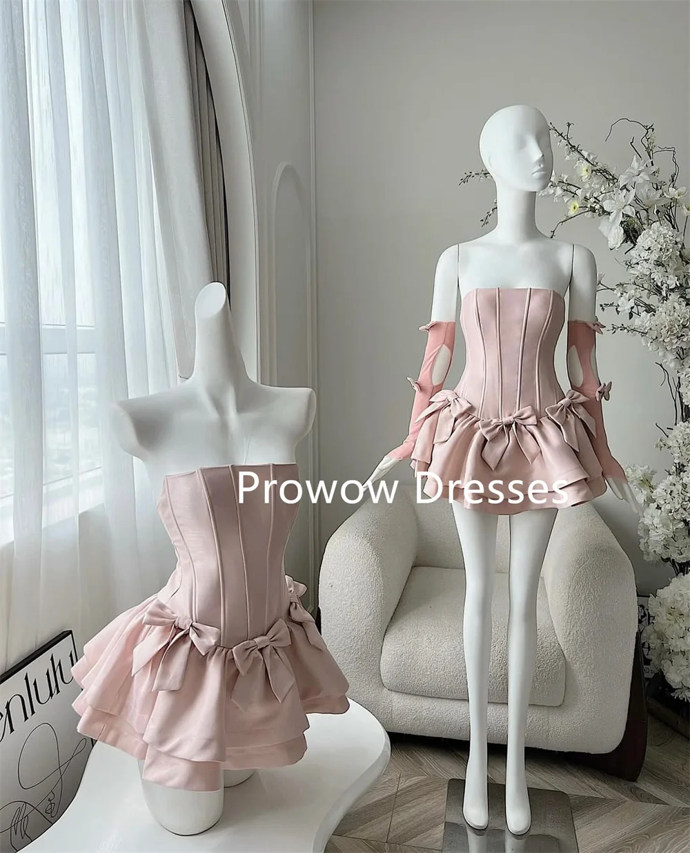 Prowow 2025 Elegant Strapless Mini Prom Cocktail Dress With Gloves A Line Wedding Party Dress Customized Women Formal Gown