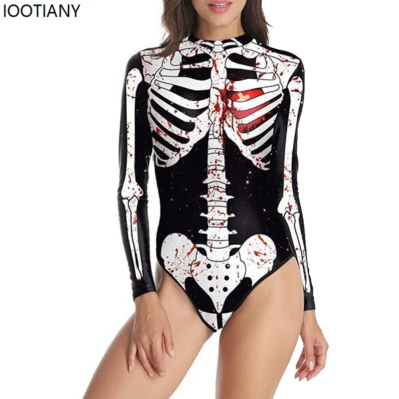 새로운 여성 섹시한 점프 슈트 할로윈 공포 해골 코스프레 수영복 펑크 3D 프린트 긴 소매 수영복 카니발 파티 해변 세트