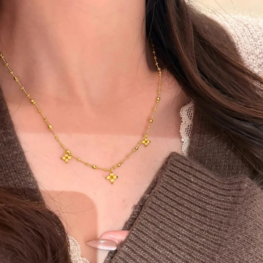 زهرة الماس الذهبية المصقولة مع سلسلة سحرية رائعة، قلادة من الخرز الذهبي المصقول بأربع أوراق البرسيم. #3