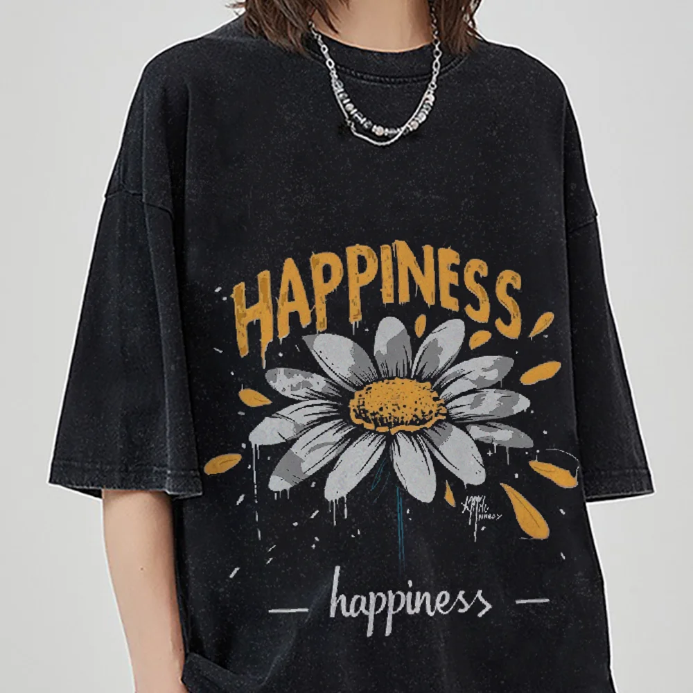 

Yellow Cartoon Little Daisy Print Ladies T-Shirt Loose Wash Oversized Short Sleeve American Vintage Street Top Casual Tee