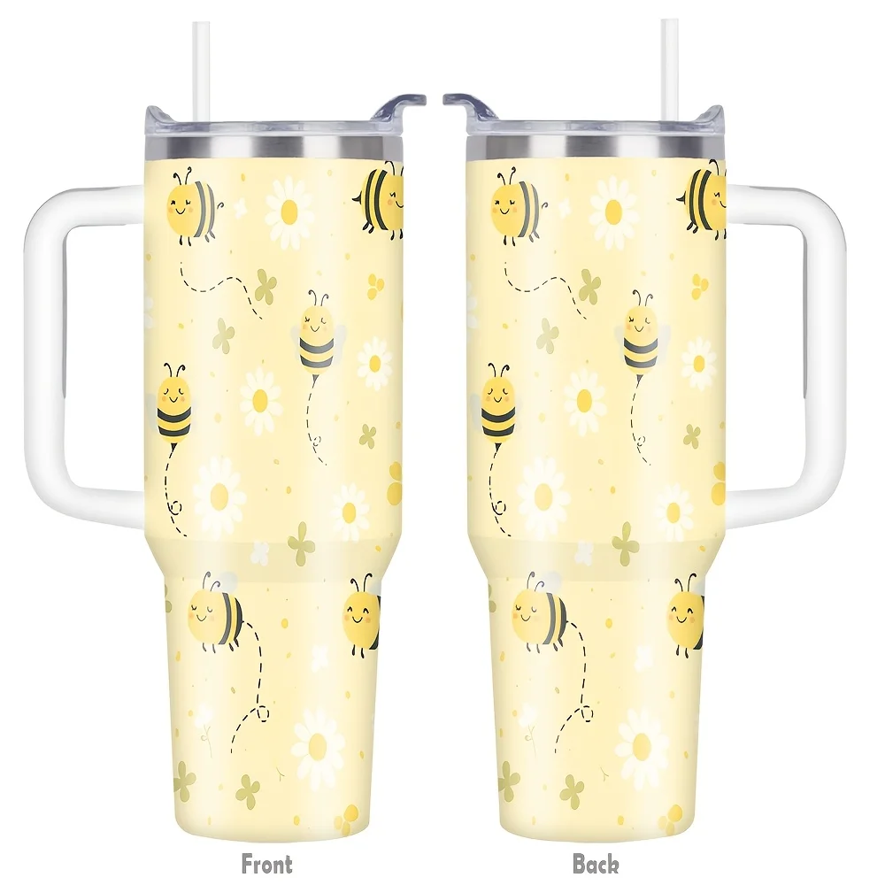 1pc/40oz/1100ml/Double Wall Insulated Stainless Steel Tumbler with Lid And Handle,Coffee Travel Mug,with Bee And Daisy Pattern,Perfect for Family Parties And Office Gatherings,Holiday Party Gifts,Valentine's Day Gifts,Mother's Day Gifts,Easter Gifts