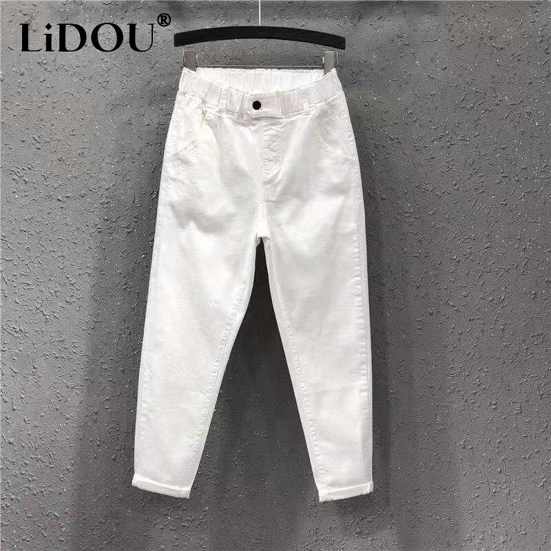 

Spring Summer Solid Color Haren Pants Women Elastic Waist Pockets Ankle Length Trousers High Waist Casual Loose Female Clothing