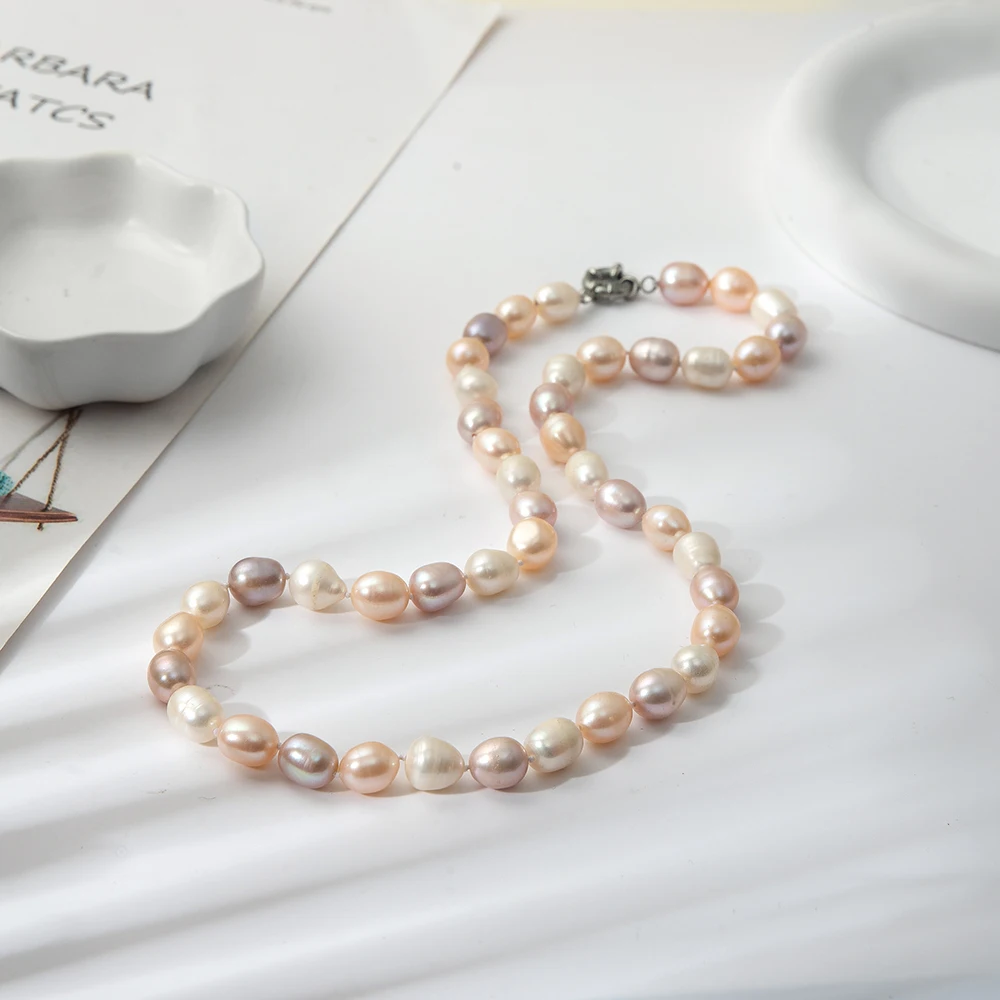 

Ожерелье из рисового жемчуга 9-10 мм, разноцветный натуральный жемчуг, ювелирные изделия для подарка на день памяти, декоративная цепочка