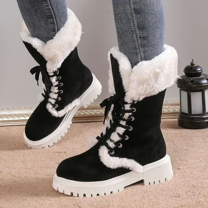 Thicken Plush Women\'s Winter Snow Boots 2023 Fur Platform Boots Woman Mid-calf Lace-up Snow Boots for Women Warm Cotton Shoes