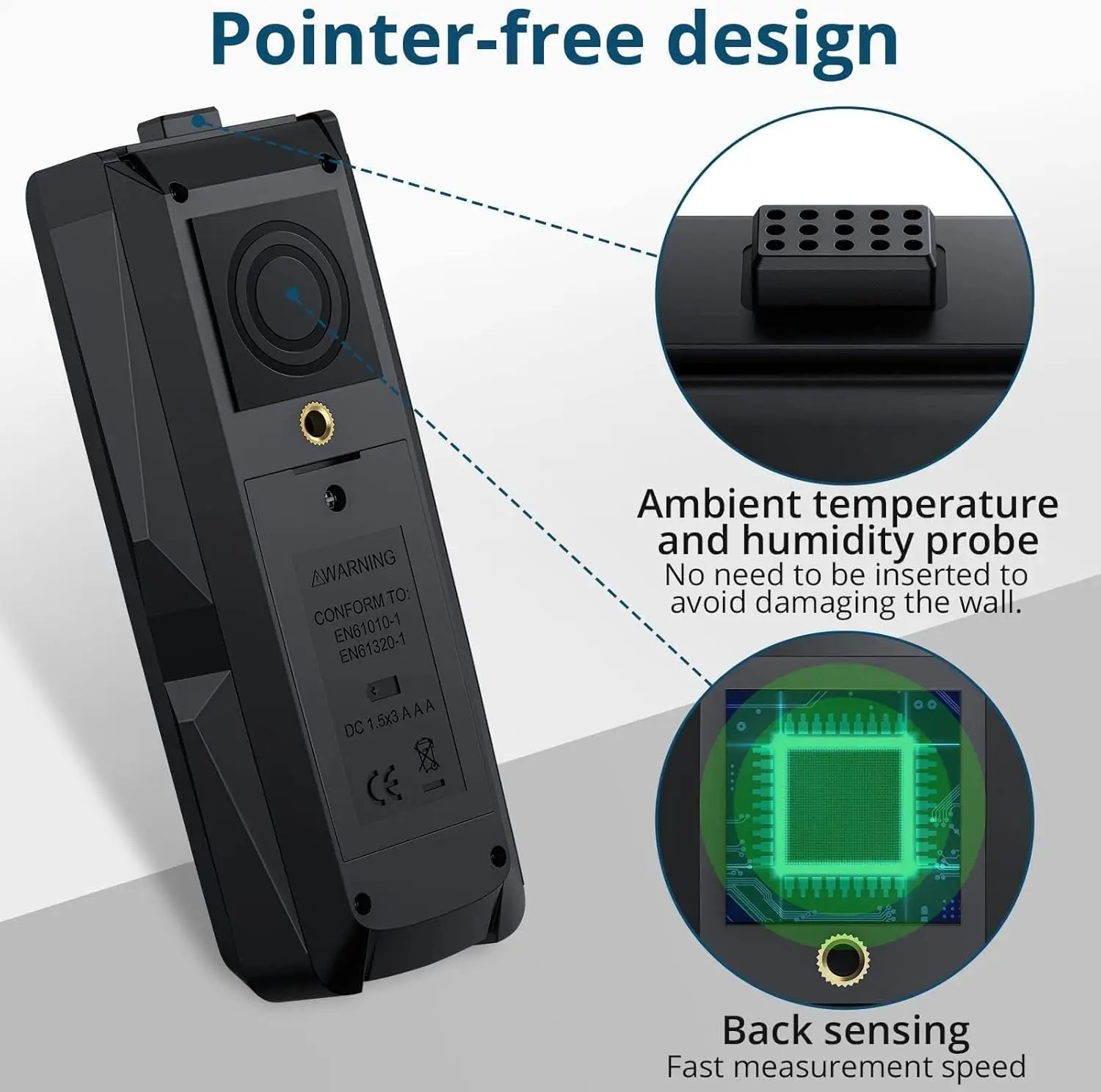 Misuratore di umidità senza pin con grande LCD retroilluminato, allarme a 3 colori, calibrazione zero, sonda di temperatura/umidità, non distruttivo per