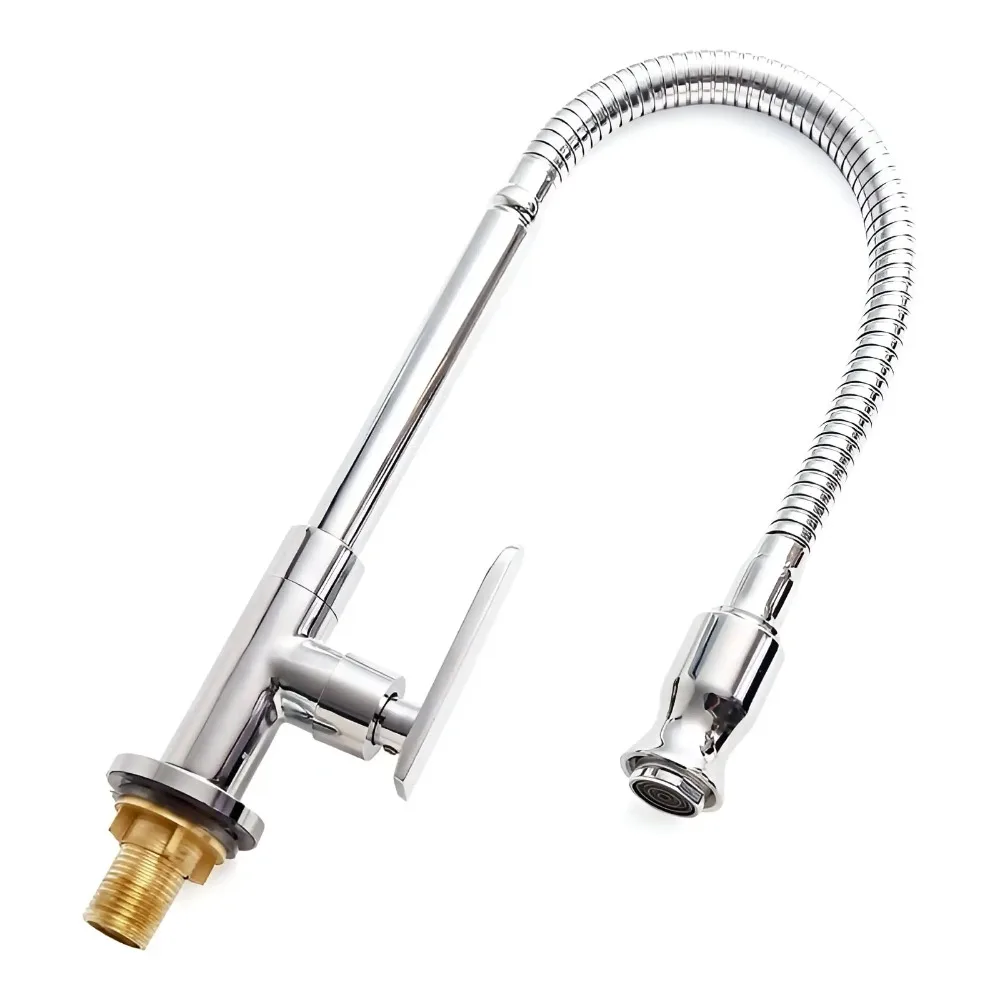 

Chrome Deck Mount Outdoor Kitchen Faucet 360 Degree Rotatable Single Hole Single Handle Cold Water Tap Flexible Neck For Bar Garden Laundry Room Sink
