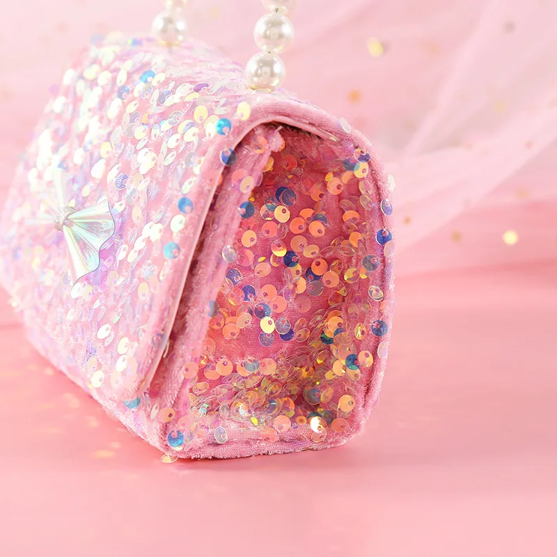 Cute Princess Crossbody Bags for Girl Sequin Bow Trendy Hand-held Pearl Women Shoulder Bags Diagonal Chain Purse and Handbags