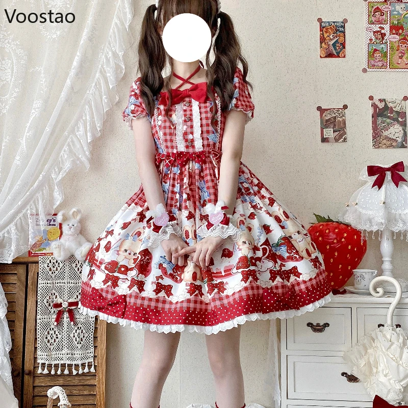 Japanese Sweet Lolita OP Dress Women Cute Lace Strawberry Rabbit Print Red Plaid Tea Party Dresses Vintage Kawaii Princess Dress