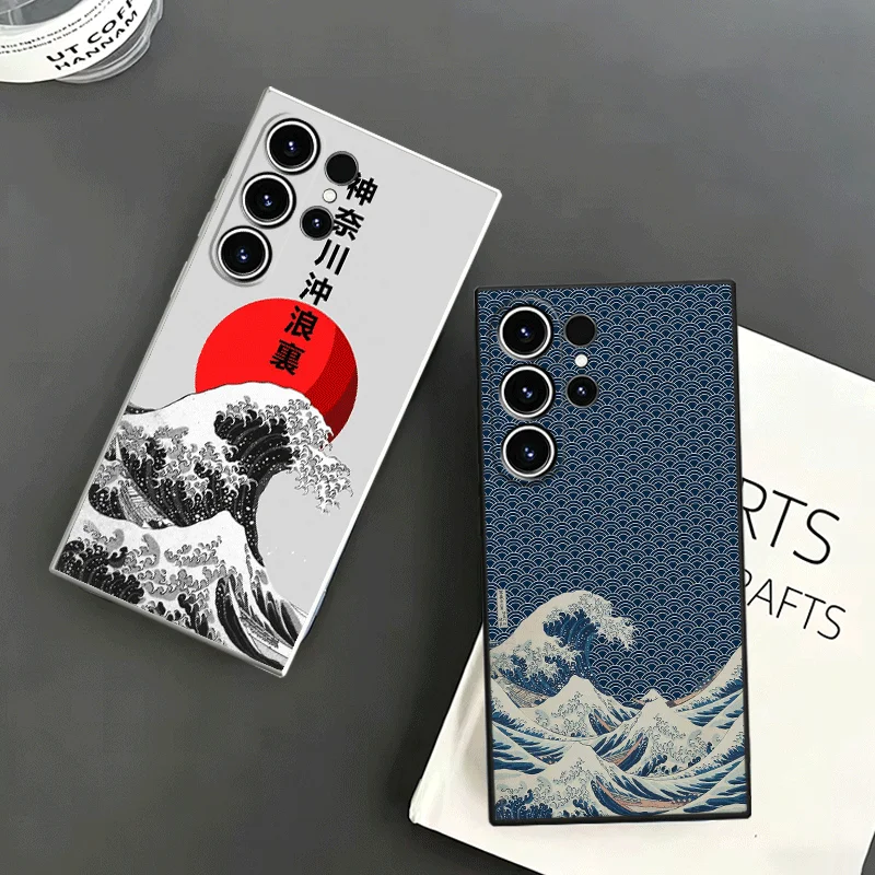 Japanese Wave Kanagawa Surfing Soft Phone Case For Samsung S24 S25 S26 Ultra S23 S22 Plus S21 S20 FE Edge + Black White Couple C