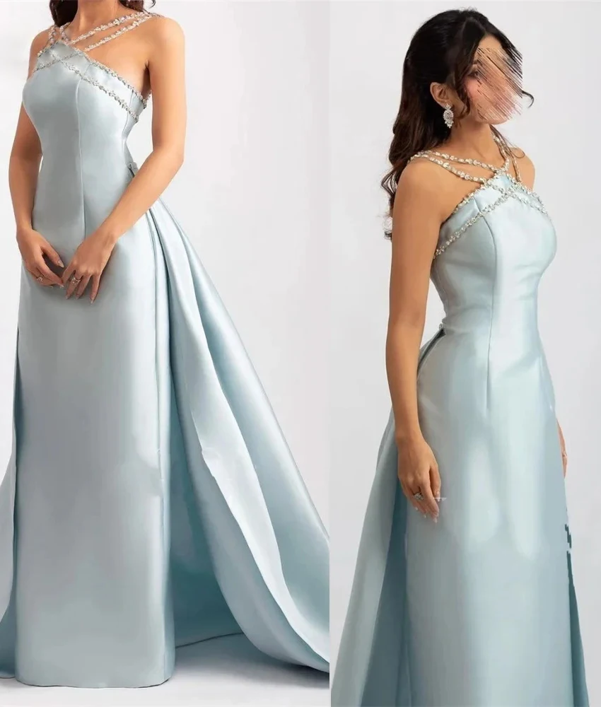 

Customized Luxury Satin A-Line 3D Bow Crystal Spaghetti Straps Evening Dress Graceful Sleeveless Floor Length Party Gowns