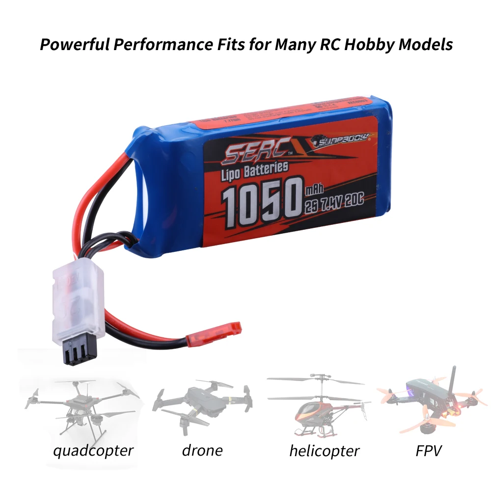 SUNPADOW 2S 7.4V Mini bateria Lipo 1050mAh 20C z wtyczka JST dla RC samolot Quadcopter dron helikopter FPV Model Racing 2 sztuk