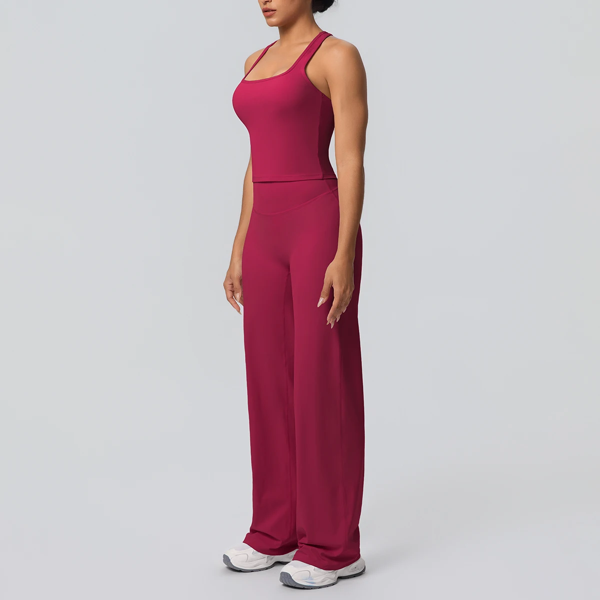 Solid Color Female Sportswear Yoga Set Gym Sports Training Scrunch I-shaped Vest Breathable Loose Wide Leg Pants Yoga Suit