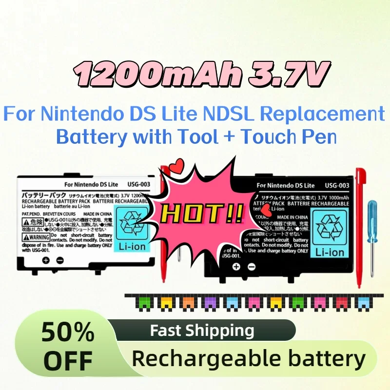 

New 1200mAh 3.7V Upgrade Real Capacity Rechargeable Battery for Nintendo DS Lite NDSL Replacement Battery with Tool + Touch Pen
