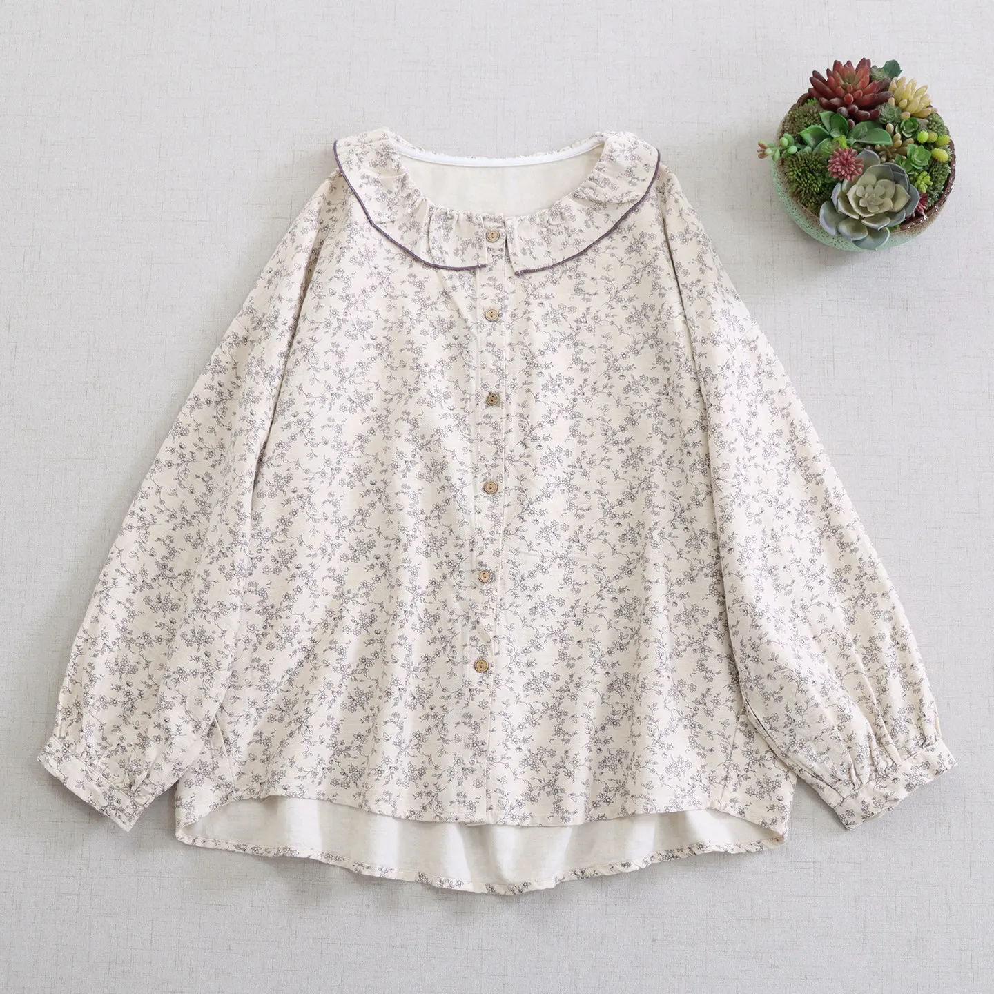 

Japanese Mori Girl Vintage Floral Printed Cotton Shirts Women Spring New Ruffled Collar Long Sleeve Casual Loose Blouse Tops