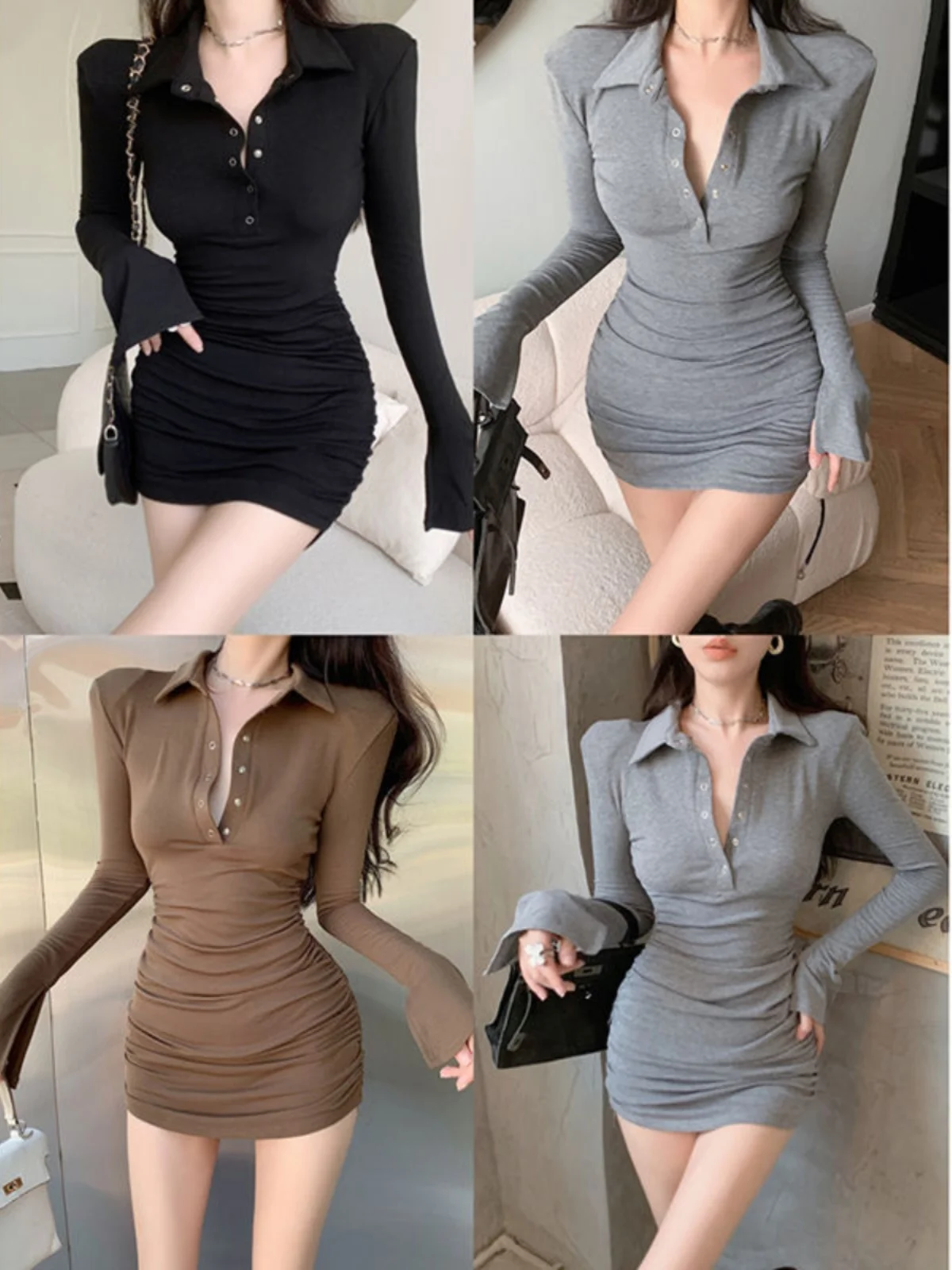 Faionable Sweet And Spicy  Collar Button Dr Women's Spring New High Waist Body a Ultra Skirt Polyester Fiber
