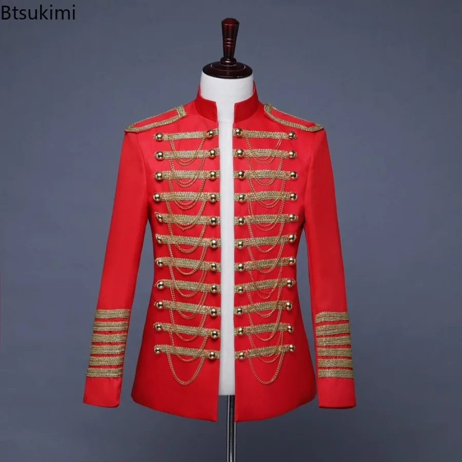 Fashion Men's Dress Suit Bar Nightclub DJ Steampunk Jackets Metal Chain Stand Collar Slim Coats Singer Stage Performance Clothes