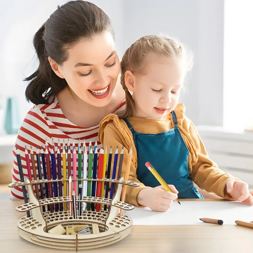 Desk Brush Holder Multifunctional Desk Organizer Wooden Paint Brush Holder with 140 Holes Organizer for Brushes for Artists