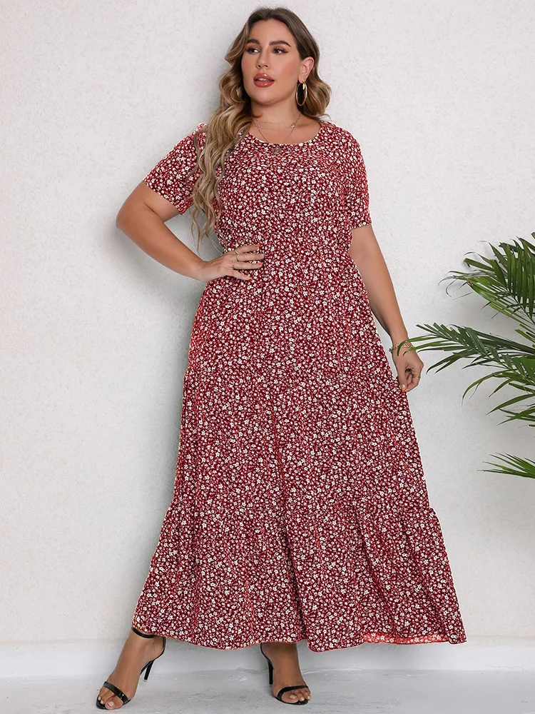 Gibsie Plus Size O-Ausschnitt Ditsy Blumen Rüschen Saum Kleid Frauen 2024 Sommer Kurzarm Urlaub Bohemian Beach Maxi lange Kleider