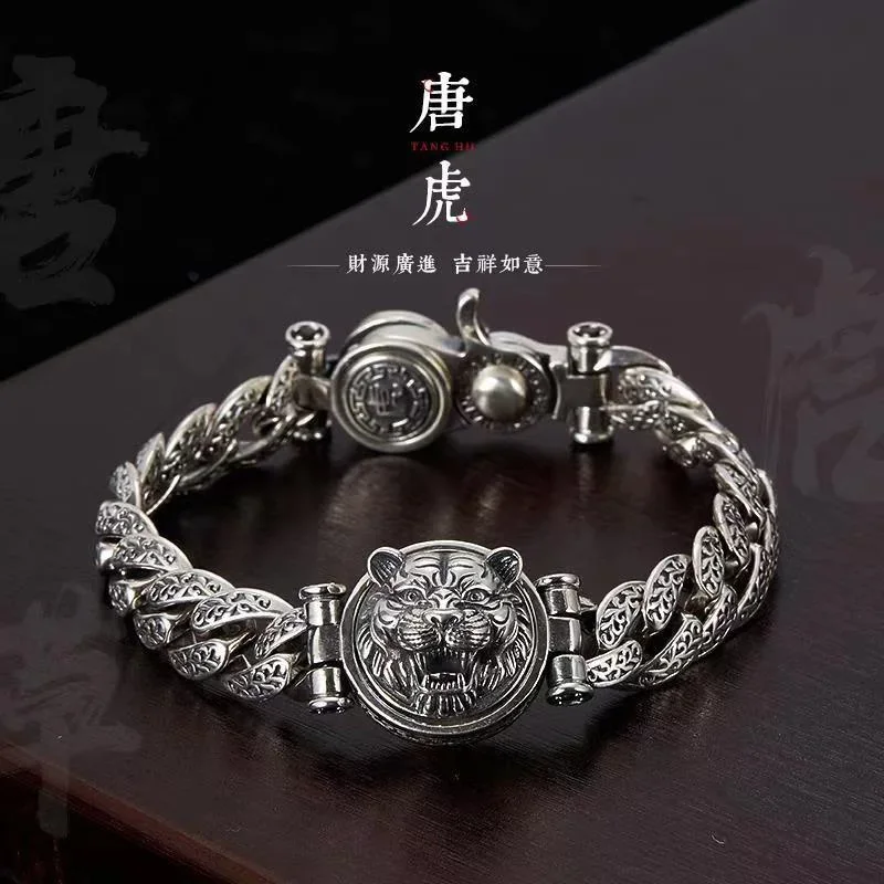 S925 Sterling Silver Domineering Tiger Head Bracelet Trend Personality Retro Silver Chain Men's Bracelet Luxury Birthday Gift