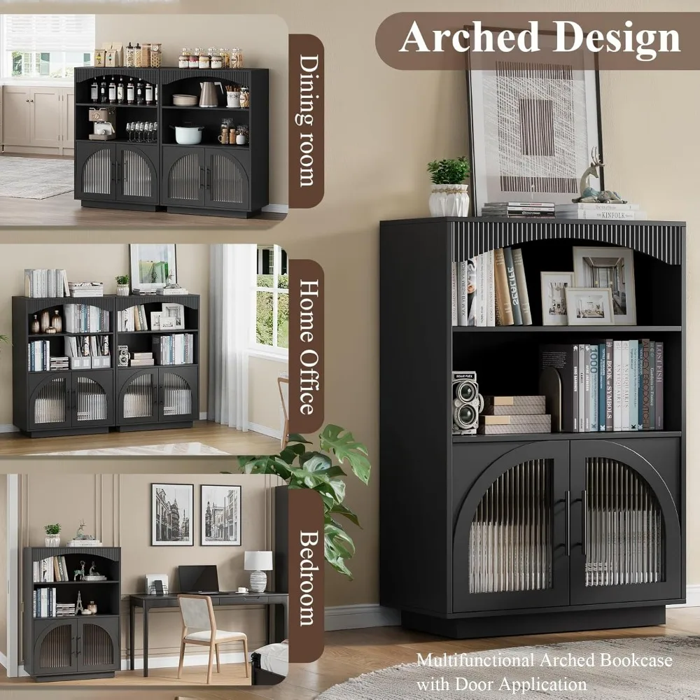 Exclusive 46 Bookshelf with Doors, Black Bookcase with Glass Door, 3 Tier Small Bookshelf w/Deep Storage Cabinet and Adjustable