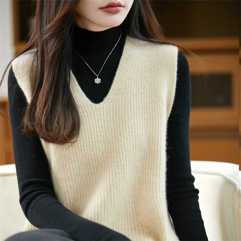 Outono inverno feminino 100% lã merino pulôver colete camisola com decote em v malhas cashmere macio solto estilo sem mangas roupas topo