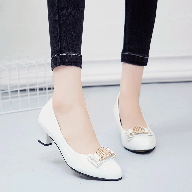 Women Dress Shoes Patent Leather Mid Heel Pumps Fashion Shoes Pointed Toe Slip on Office Ladies Shoes Zapatos Black Women Shoes