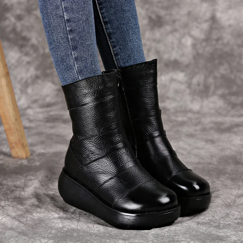 CEYANEAO Genuine Leather Flat Platform Half Boots Women Shoes  Winter Round Toe Vintage Platform Mid-Calf Boots Woman Zipper