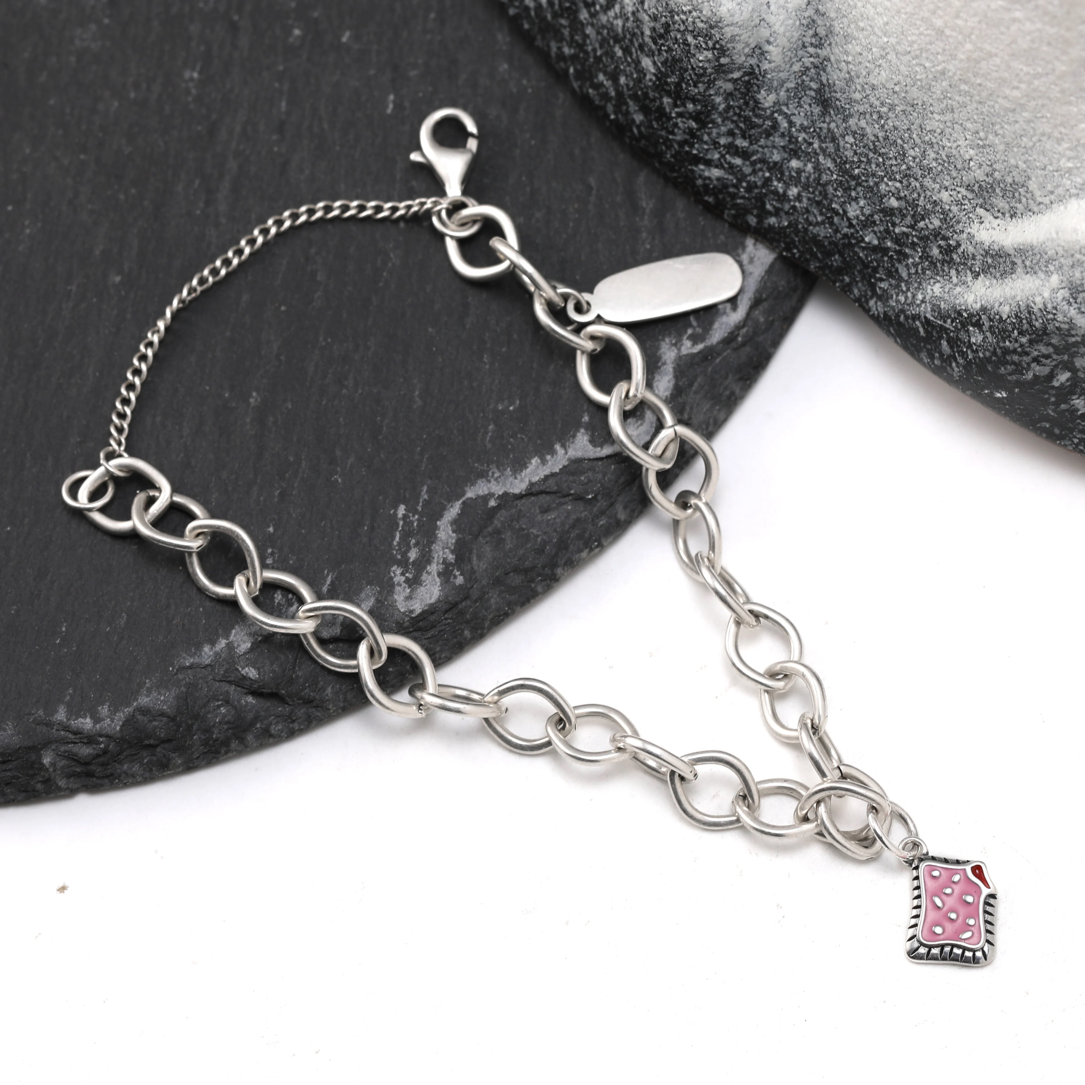 

Genuine 925 sterling silver Forged Link Charm Bracelet paired with enamel frosted baked bread and pastry pendant