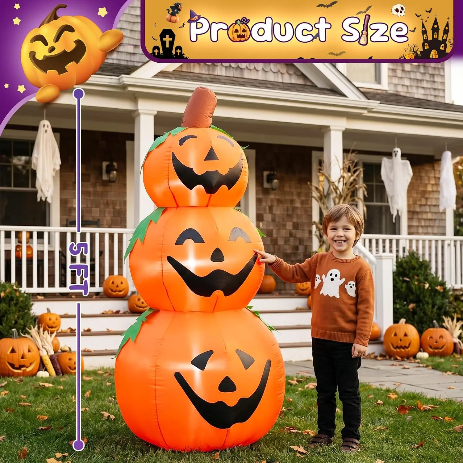 Halloween Inflatable 3-Tier Stacked Pumpkins 5 FT Outdoor Yard Decorations with Built-in LED Lights Blow up Halloween Decor