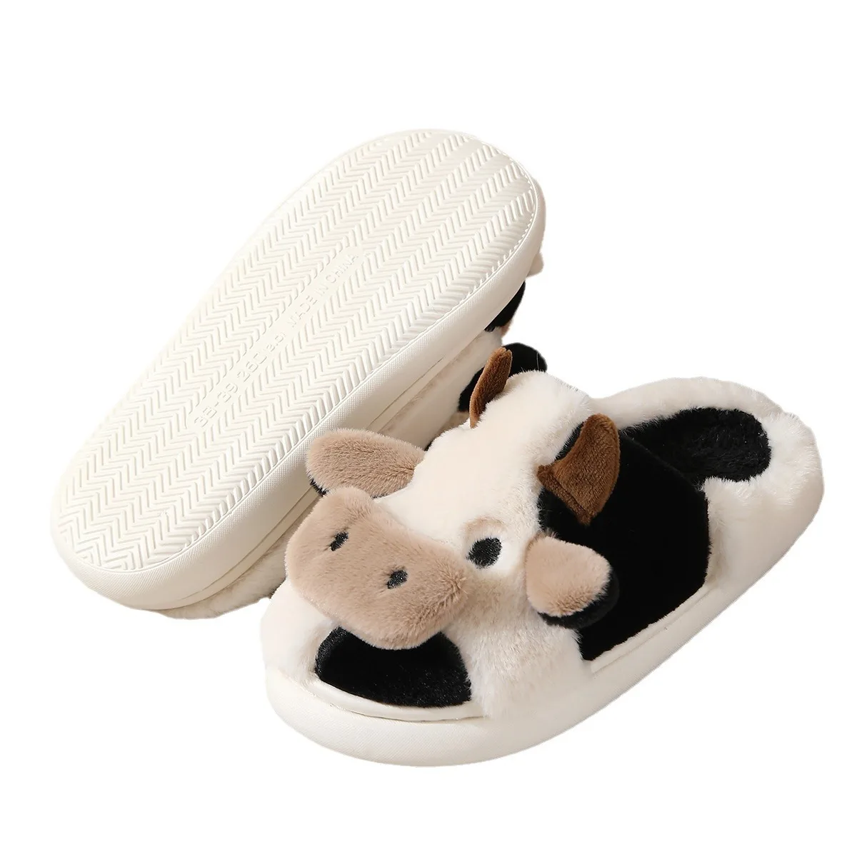 Chinelos de pelúcia quente de vaca unisex dos desenhos animados, slides internos antiderrapantes para casal, sapatos de algodão em casa, toe wrap, novo, inverno