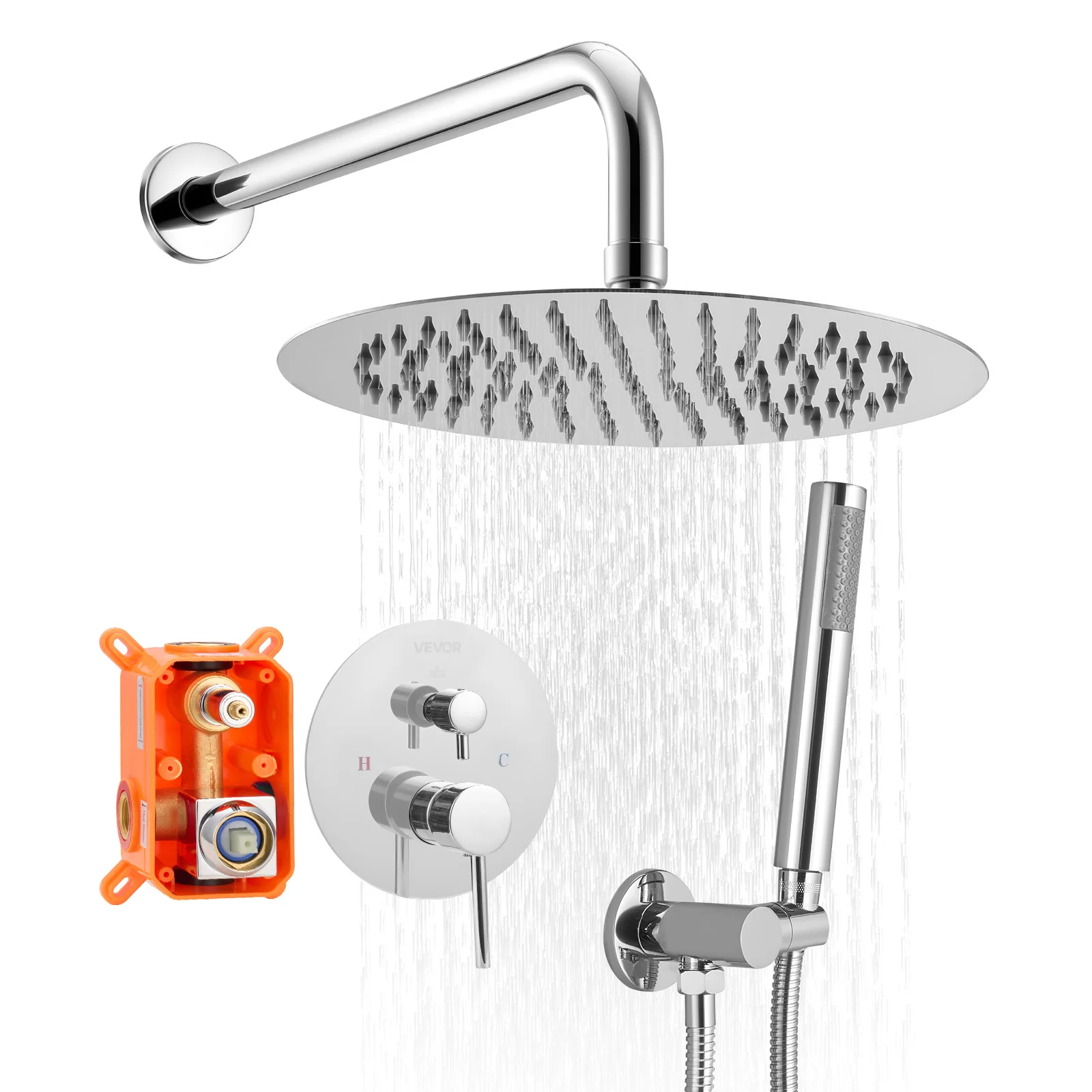 Ensemble de robinetterie de douche SucceBuy avec pommeau de douche pluie rond et douchette à main, fixation murale, avec kit de garniture en laiton