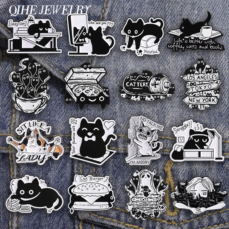 Cartoon Punk Black Cats Enamel Pins Cat Struggle Lazy Cat Your Favorite Cat Brooch Lapel Badge Funny Jewelry Gift For Friends