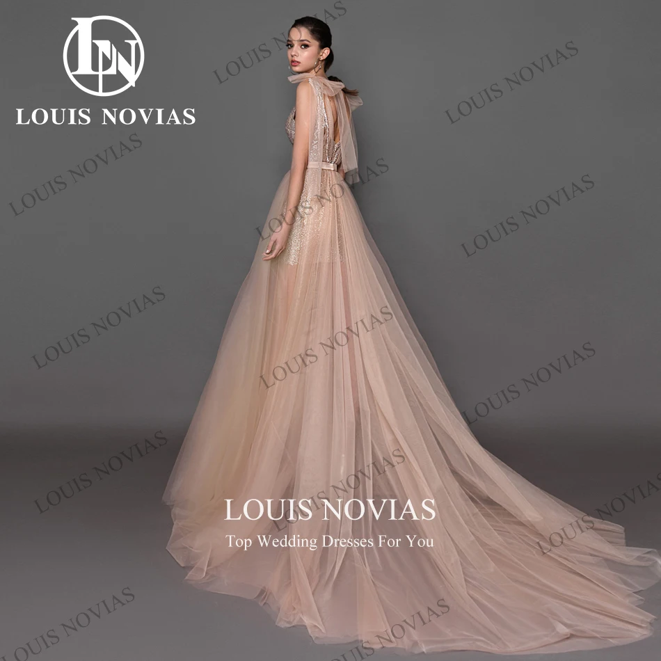 LOUIS NOVIAS Sleeveless Evening Dresses Women Illusion Glitter Spaghetti Strap Ribbons Party Dresses Vestidos De Noche