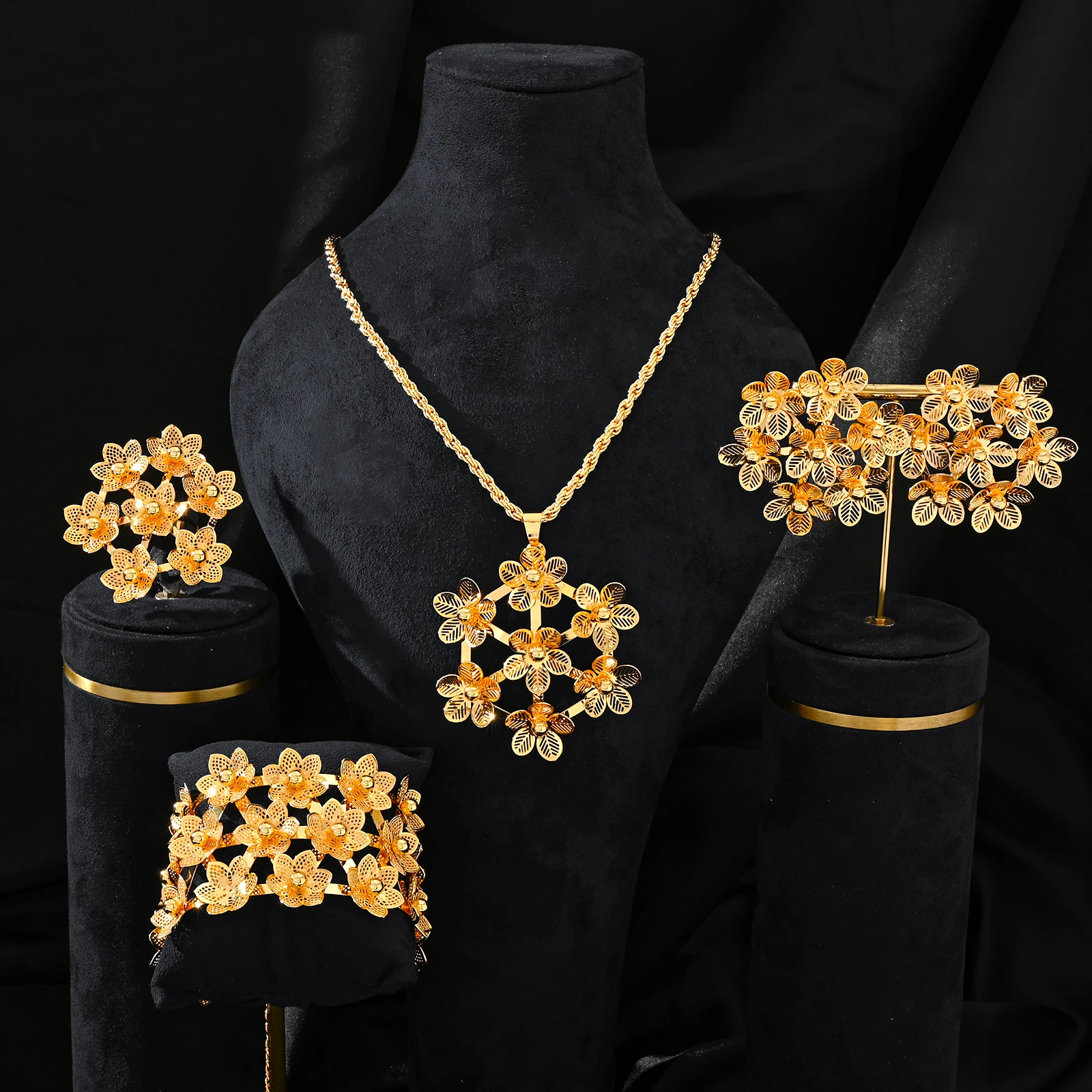 African Flower Necklace Bracelet Party Fashion Jewelry Set Earrings Ring Accessories Bridal Wedding Jewelry Christmas Gift