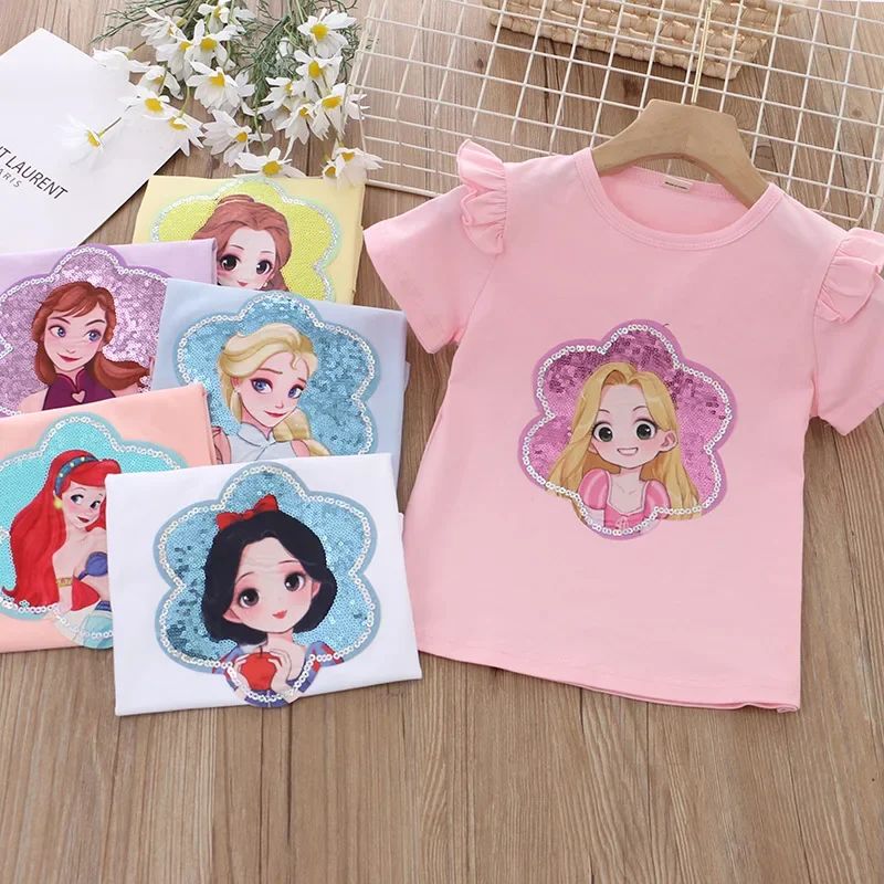 

Kids Clothes Baby Girls T-shirt Princess Anna Elsa Ariel Belle Children Wear Short-sleeved T-shirt Sequined Cotton T-shirt