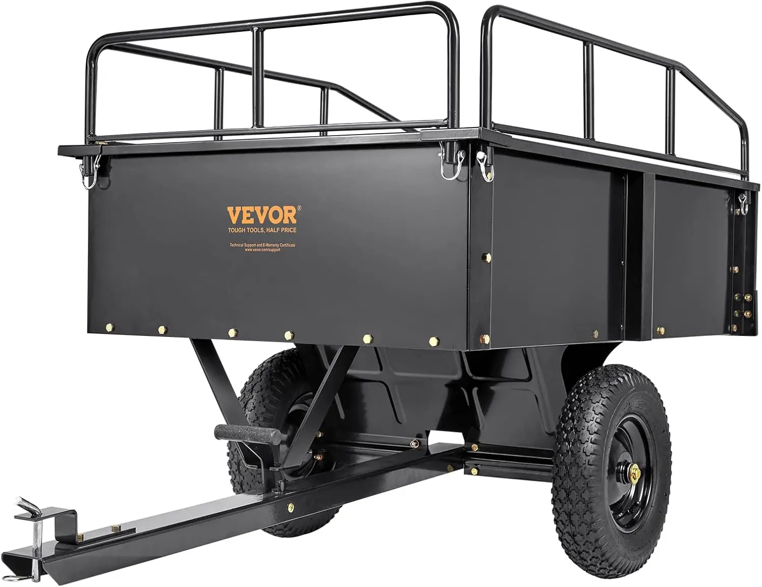 

Heavy Duty ATV Dump Cart - Steel Tow Behind trailer, 750 lbs, 15 Cubic Feet Garden Utility with Removable Sides