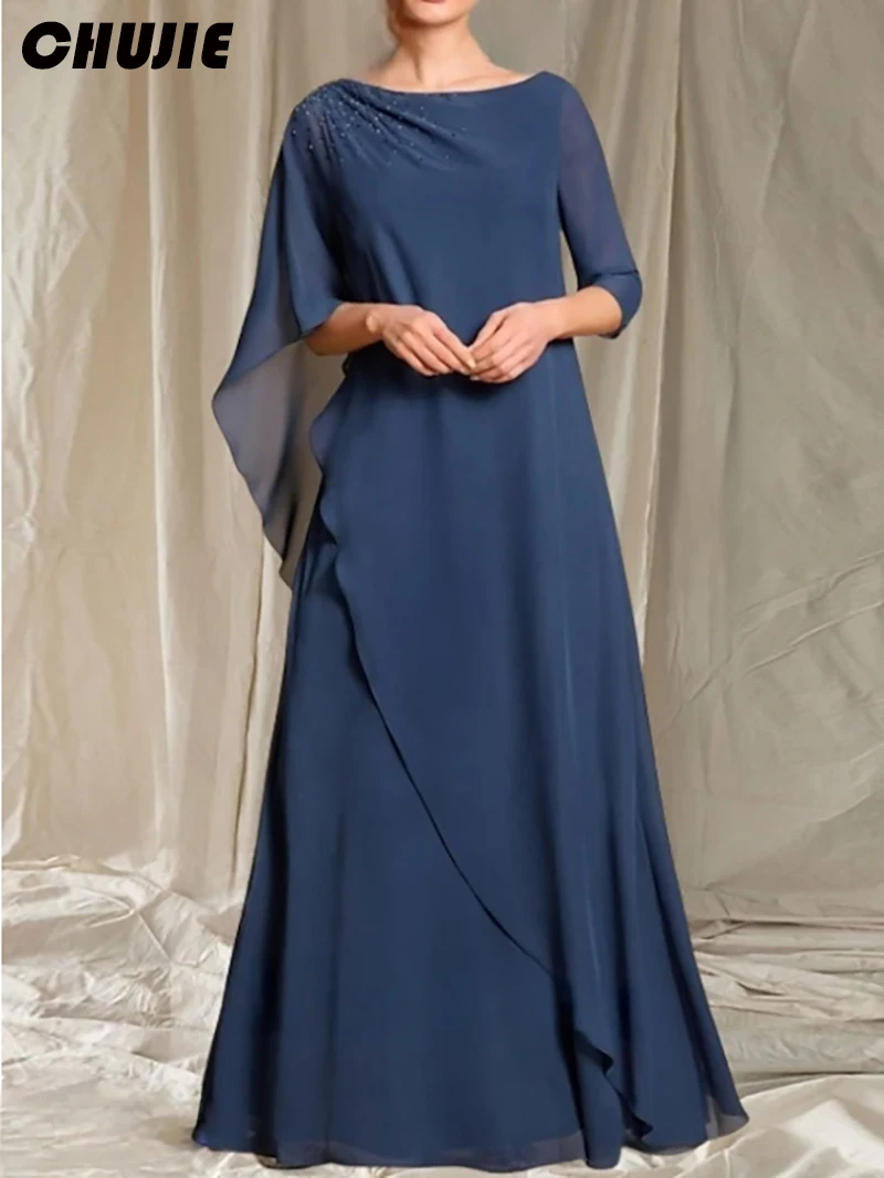 Customzied Dark Navy Long Sleeves Mother of The Bride Dress Prom Party Gowns A Line Tiered Women Long Wedding Guest Dresses