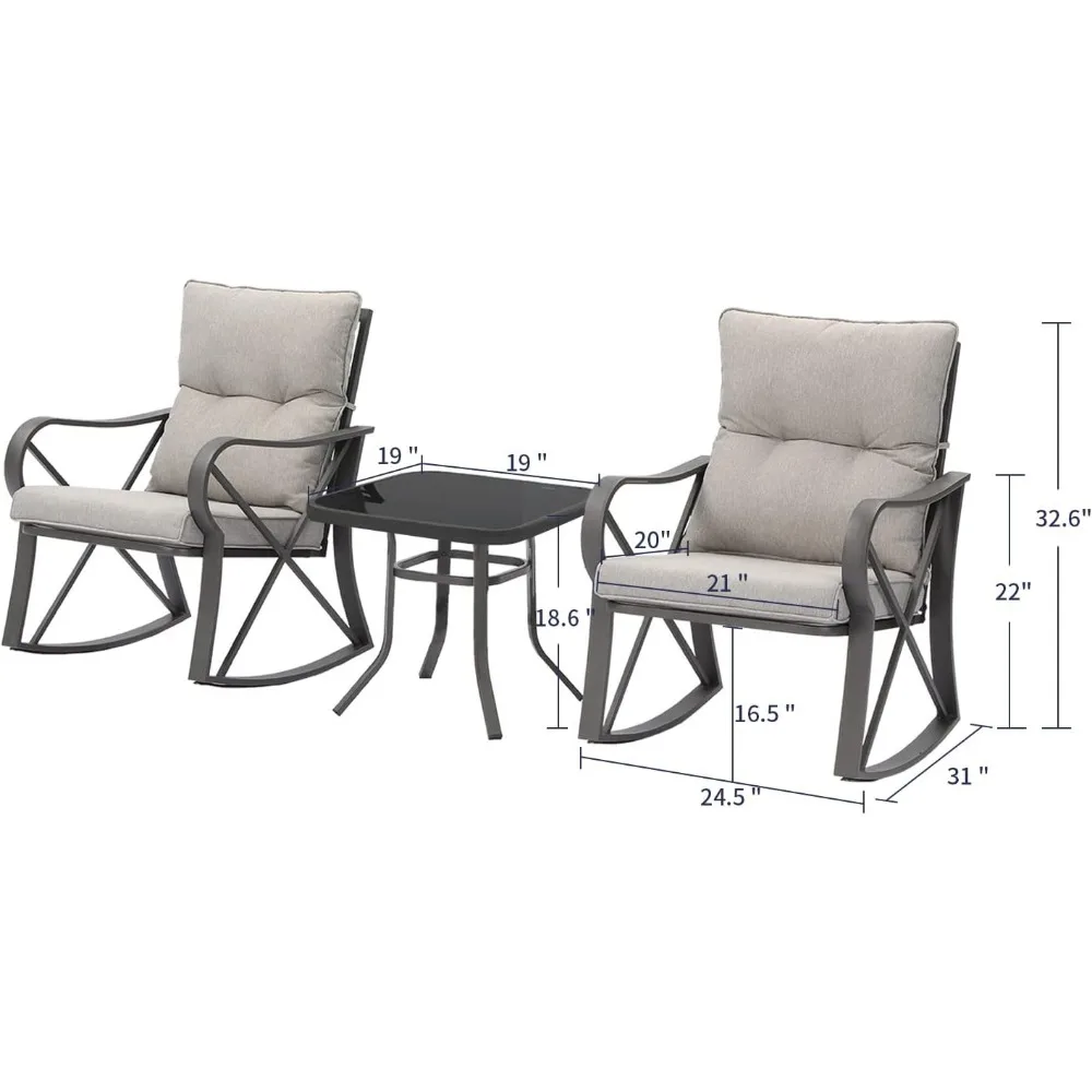 Outdoor 3-Piece Rocking Bistro Set, Modern Patio Furniture Set w Warm Gray Cushion, Glass Coffee Table, Small Rocker Con