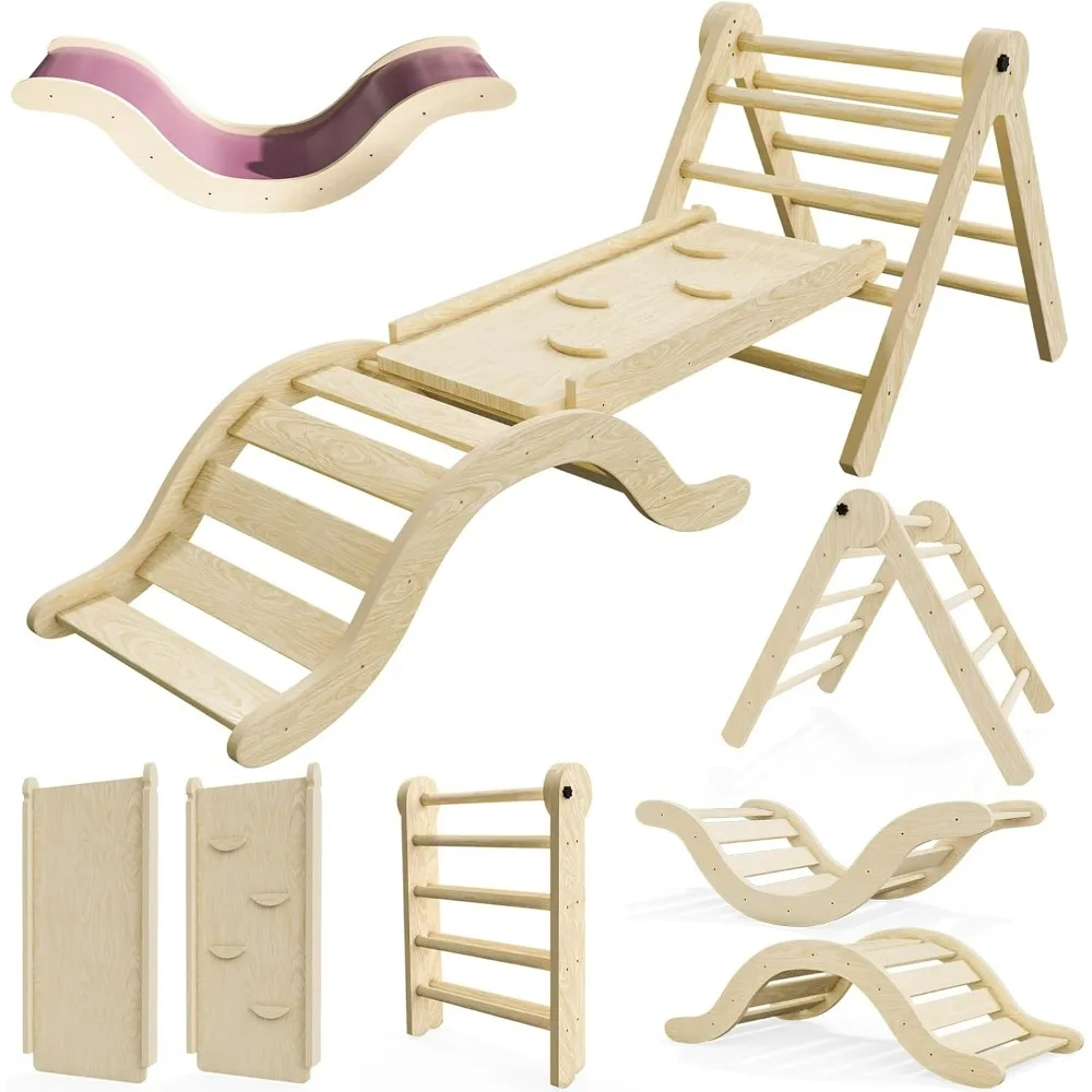 

Pikler Triangle Set Climber 5 in 1, Toddler Climbing Toys Indoor Folding with Ramp & Arch & Mat for Montessori Play Gym